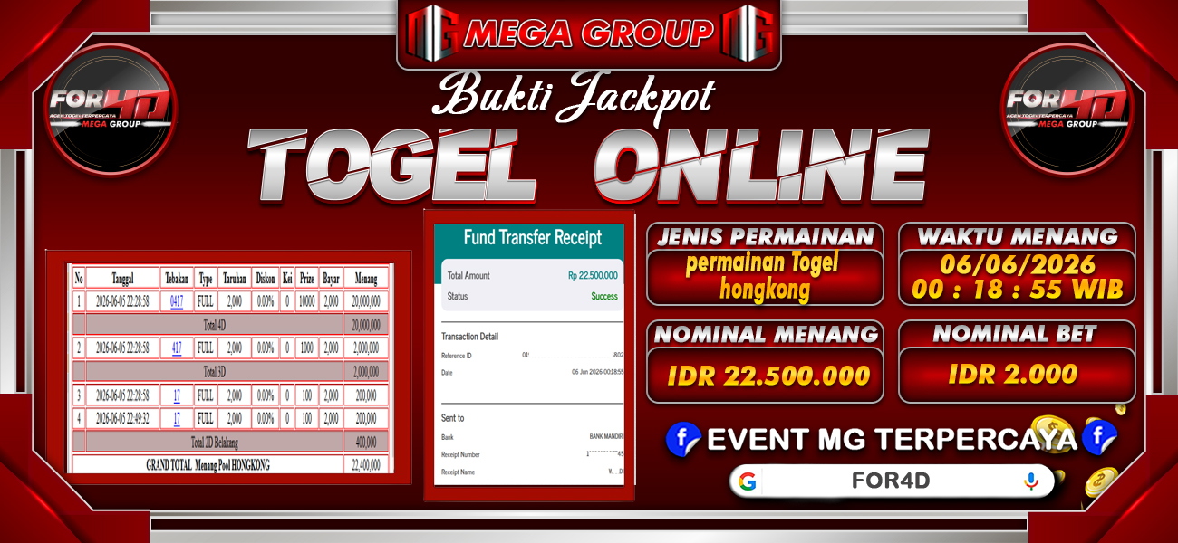 Bukti JP situs For4D hari Sabtu, 06 Juni 2026